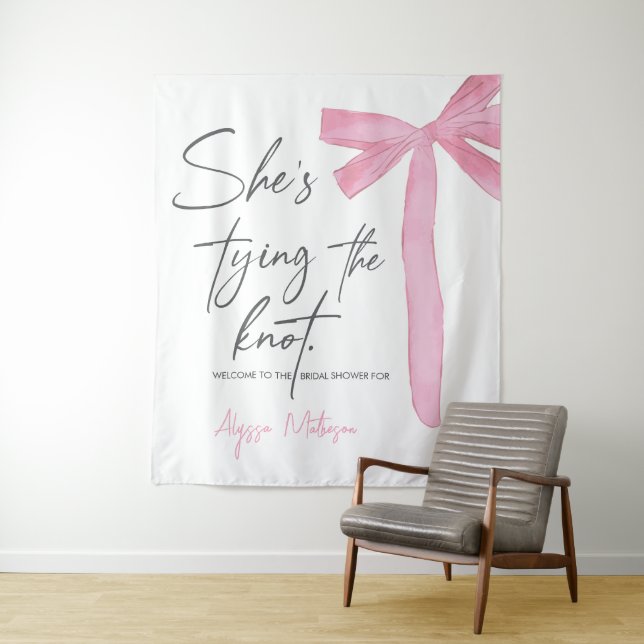 She's Tying the knot Script Pink Bow Bridal Shower Tapestry (In Situ)