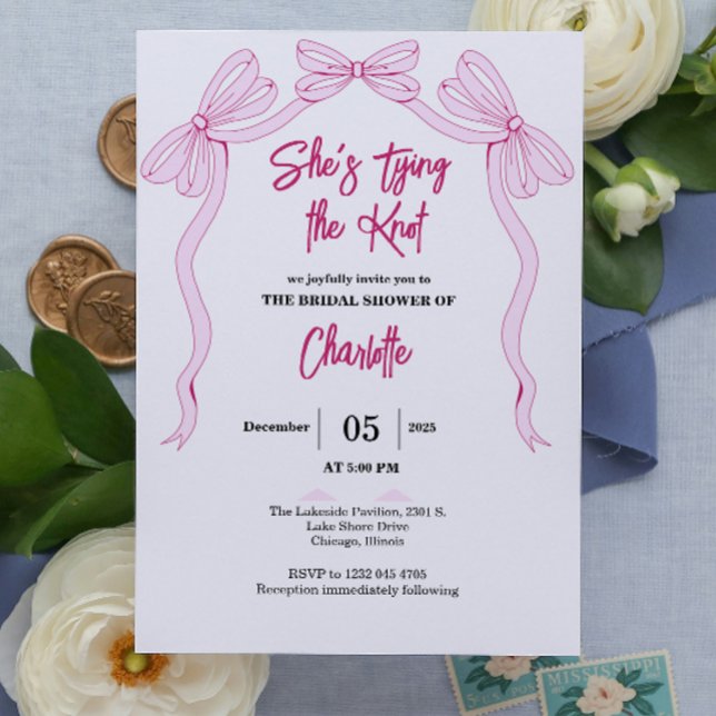 She's Tying the Knot Simple Pink Bow Bridal Shower Invitation (she's tying the knot minimalist pink bow coquette bow bridal shower simple hand drawn)
