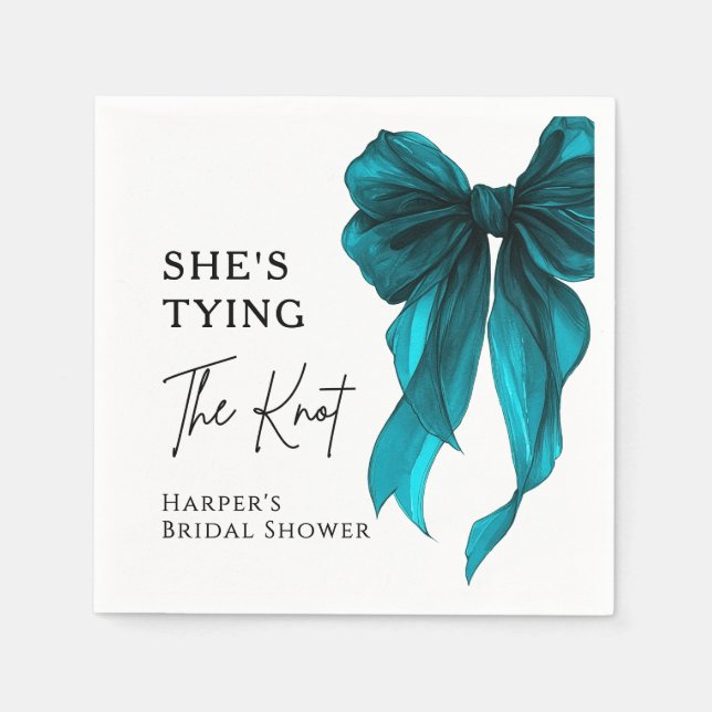 She's Tying The Knot Turquoise Bow Bridal Shower Napkins (Front)