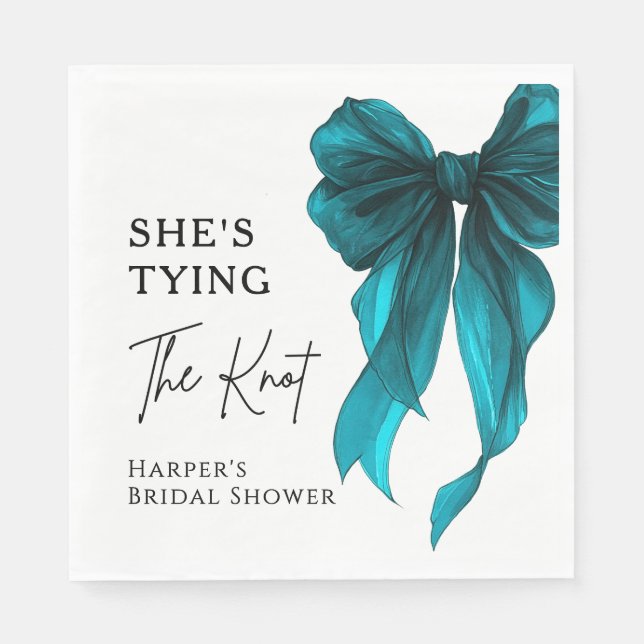 She's Tying The Knot Turquoise Bow Bridal Shower Napkins (Front)