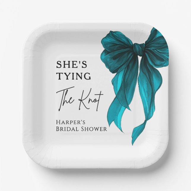 She's Tying The Knot Turquoise Bow Bridal Shower Paper Plates (Front)