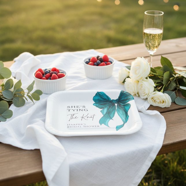 She's Tying The Knot Turquoise Bow Bridal Shower Paper Plates (Creator Uploaded)