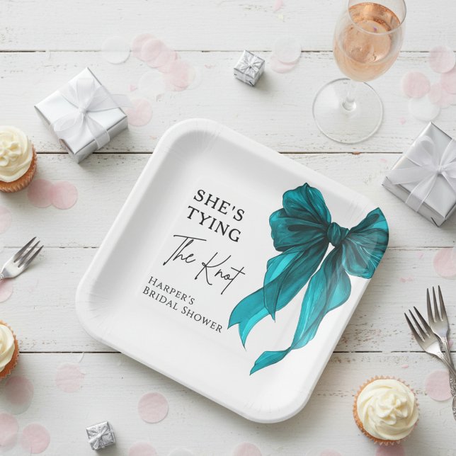 She's Tying The Knot Turquoise Bow Bridal Shower Paper Plates (Creator Uploaded)