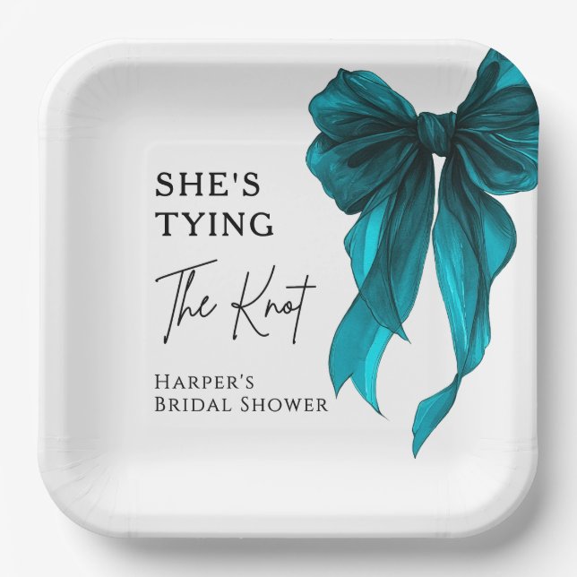 She's Tying The Knot Turquoise Bow Bridal Shower Paper Plates (Front)