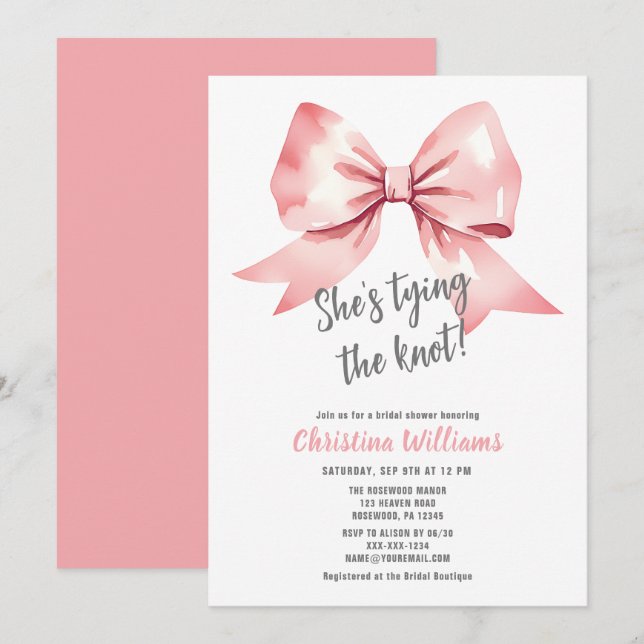She's tying the knot Watercolor Pink Bridal Shower Invitation (Front/Back)