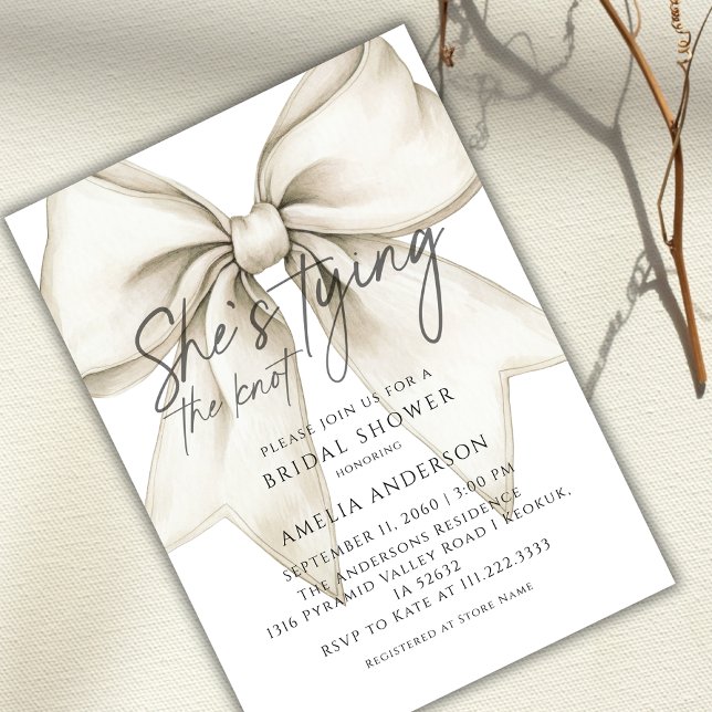 Shes Tying The Knot White Bow Bridal Shower Invitation (Creator Uploaded)