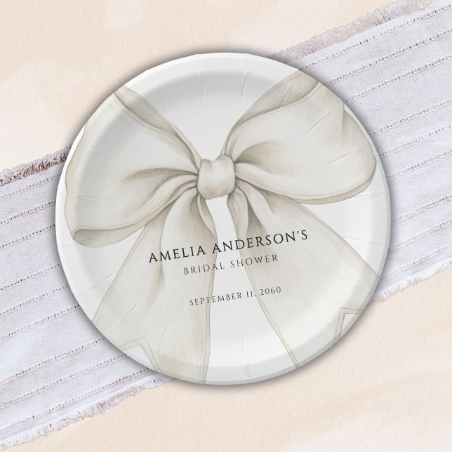 Shes Tying The Knot White Bow Simple Bridal Shower Paper Plates (Creator Uploaded)