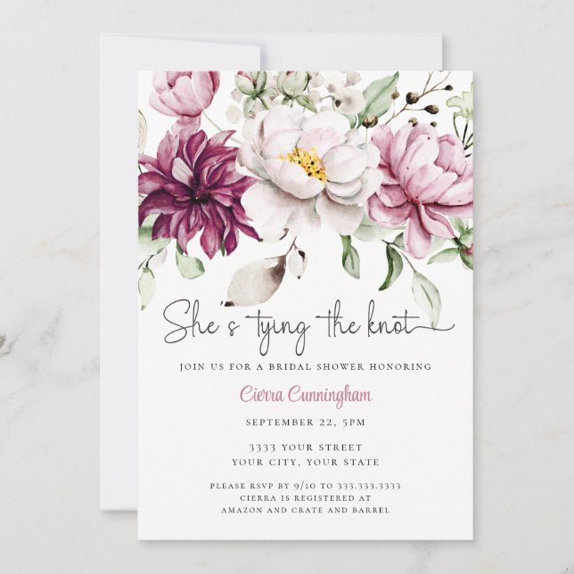 She's Tying the Knot White Pink Floral Bridal  Invitation (Front)