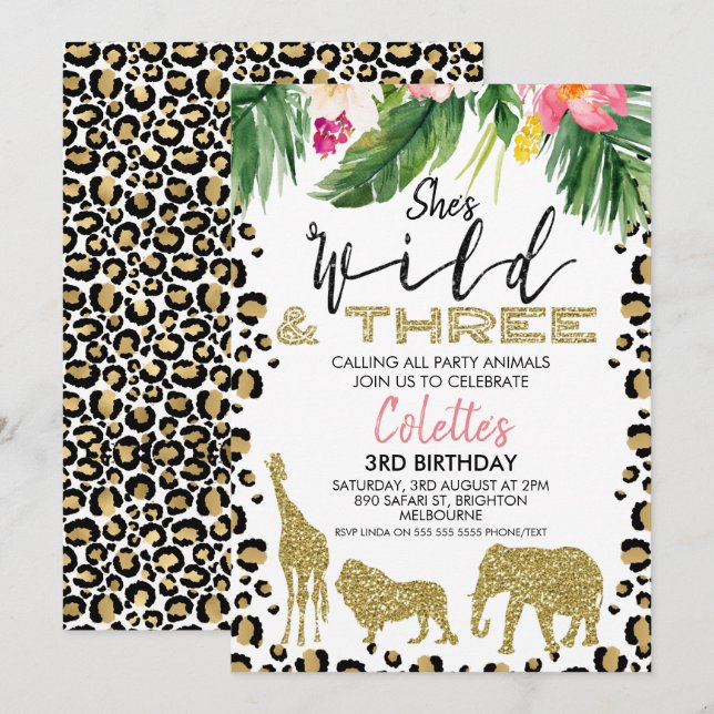 She's Wild And Three Safari 3rd Birthday Invitation (Front/Back)