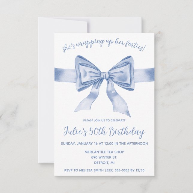 She's Wrapping Up Her Forties! Blue Bow Birthday Invitation (Front)