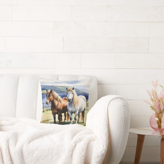 Shetland Ponies Animals Nature Equine Watercolor Throw Pillow (Couch)