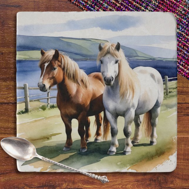 Shetland Ponies Animals Watercolor Country Kitchen Trivet (A charming kitchen trivet with rustic design of Shetland ponies in a watercolor style)