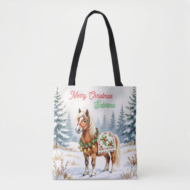 Shetland Pony and Holly Christmas Personalized Tote Bag (Front)