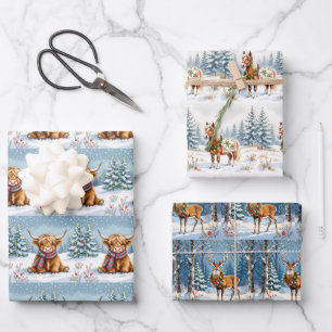 Shetland Pony, Deer and Highland Cow Christmas Wrapping Paper Sheets