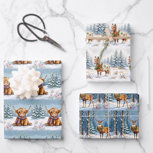 Shetland Pony, Deer and Highland Cow Christmas Wrapping Paper Sheets (Front)