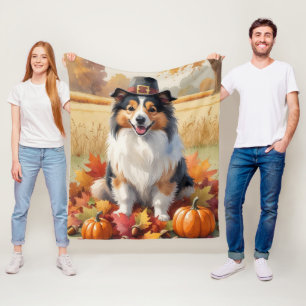 Shetland Sheepdog Autumn Leaves Thanksgiving Art Fleece Blanket