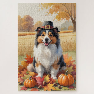 Shetland Sheepdog Autumn Leaves Thanksgiving Art Jigsaw Puzzle