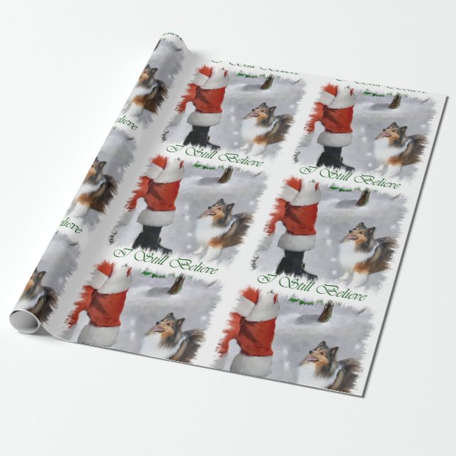 Shetland Sheepdog Believe Christmas Wrapping Paper (Unrolled)