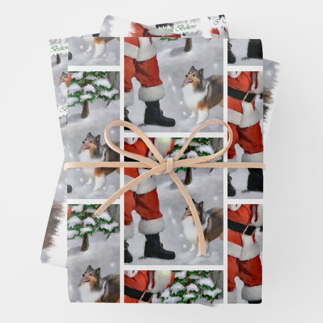 Shetland Sheepdog Believe Christmas Wrapping Paper Sheets (In situ)