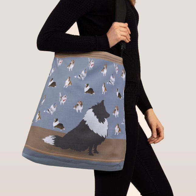 Shetland Sheepdog: Black Sheltie on Grey Large Crossbody Bag (Close Up)