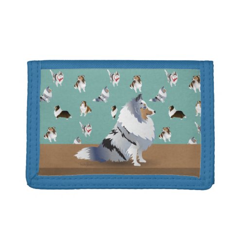 Shetland Sheepdog Blue Grey Merle Sheltie on Green Trifold Wallet