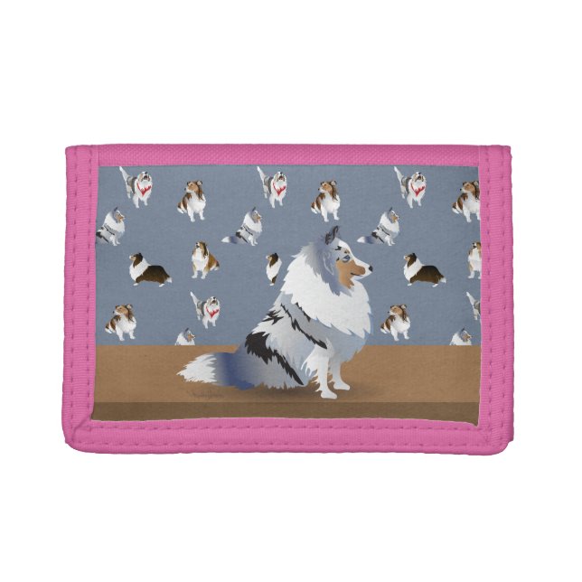 Shetland Sheepdog Blue Grey Merle Sheltie on Grey Trifold Wallet (Front)