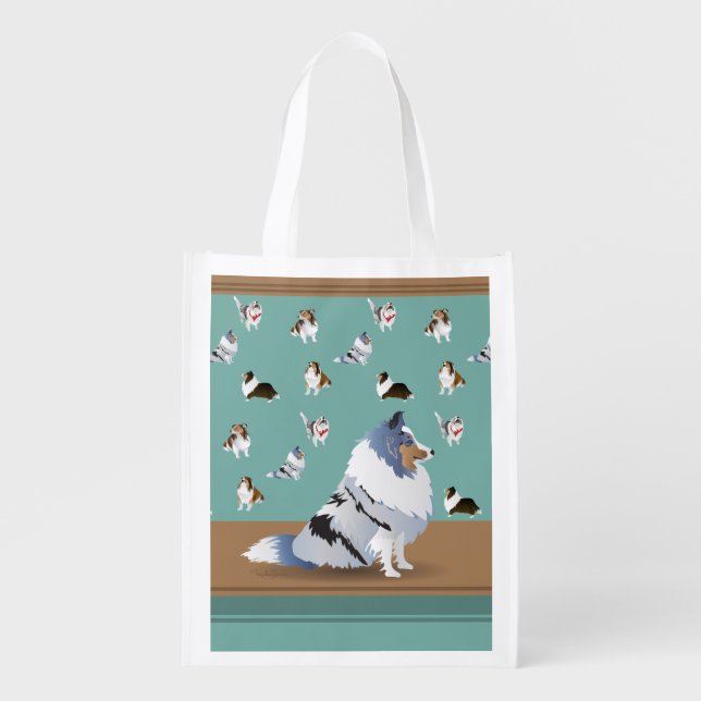 Shetland Sheepdog: Blue Merle Sheltie on Green Grocery Bag (Front)