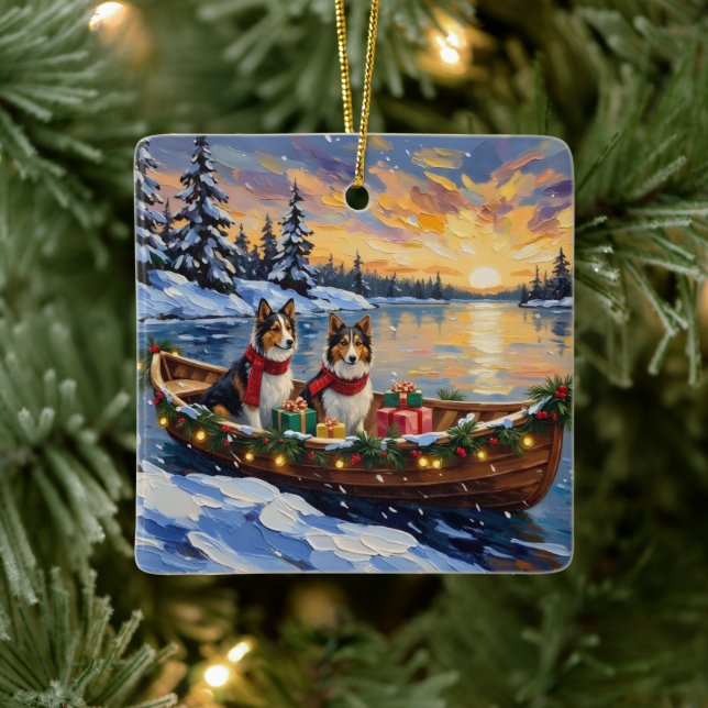 Shetland Sheepdog Christmas Boat Holiday Ceramic Ornament (Tree)