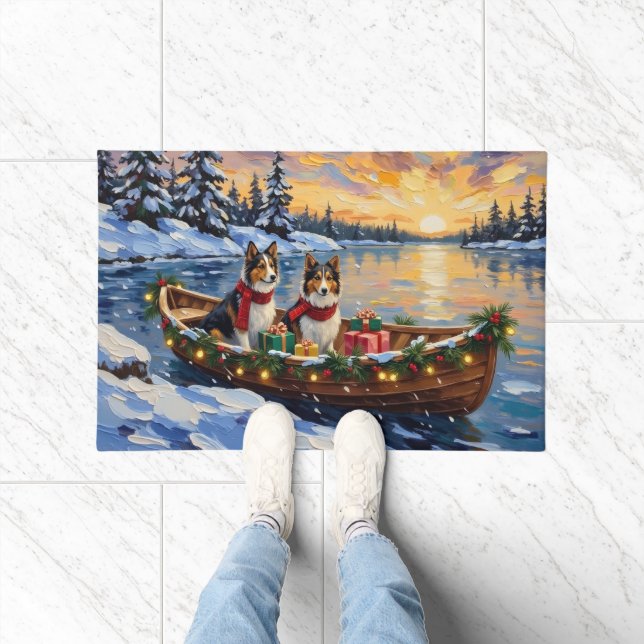 Shetland Sheepdog Christmas Boat Holiday Doormat (Indoor)