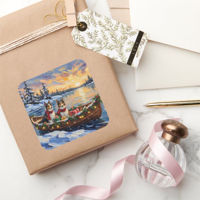 Shetland Sheepdog Christmas Boat Holiday Square Sticker (Gifting)