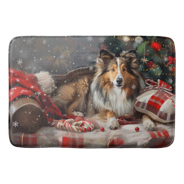 Shetland Sheepdog Christmas Festive Bath Mat (Front)