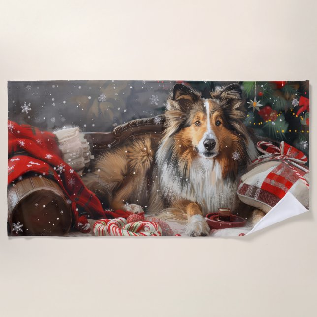 Shetland Sheepdog Christmas Festive Beach Towel (Front)