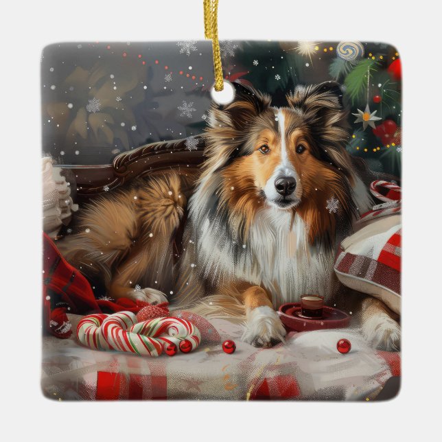 Shetland Sheepdog Christmas Festive Ceramic Ornament (Front)