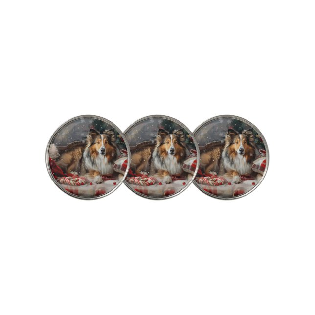 Shetland Sheepdog Christmas Festive Golf Ball Marker (3 Up)