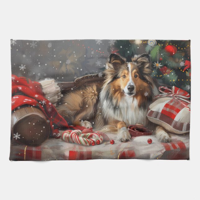 Shetland Sheepdog Christmas Festive Kitchen Towel (Horizontal)