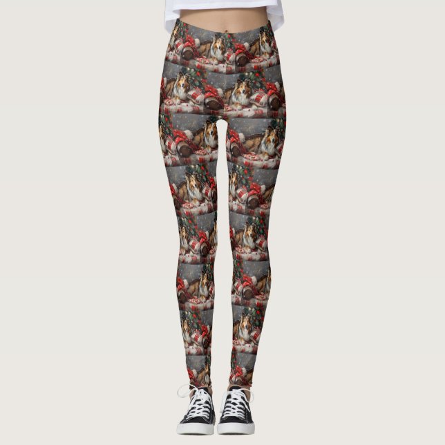 Shetland Sheepdog Christmas Festive Leggings (Front)