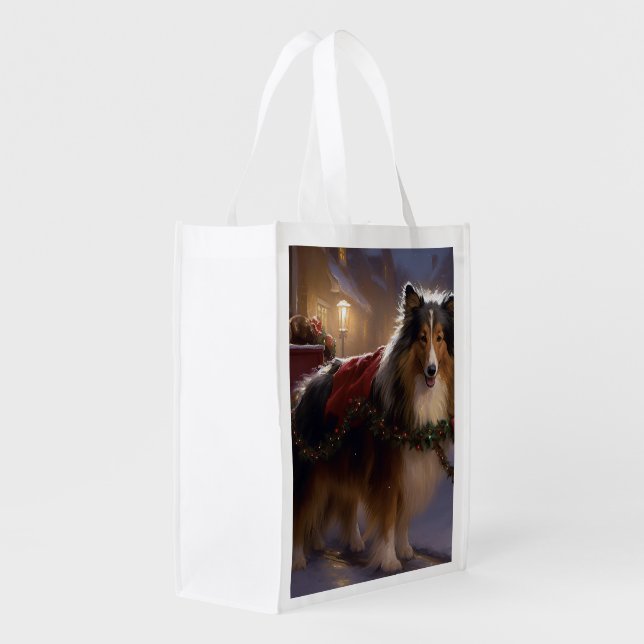 Shetland Sheepdog Christmas Festive Season  Grocery Bag (Back Side)
