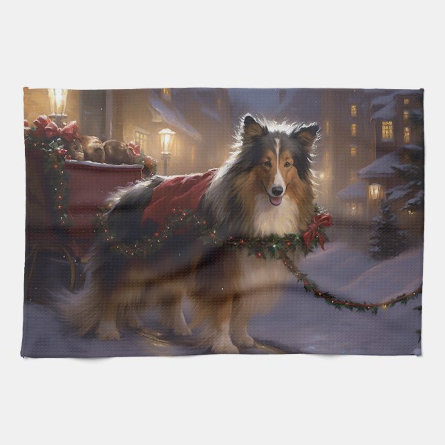 Shetland Sheepdog Christmas Festive Season  Kitchen Towel (Horizontal)