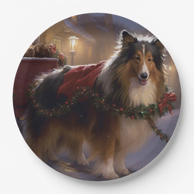 Shetland Sheepdog Christmas Festive Season  Paper Plates (Front)