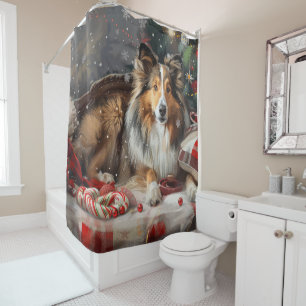 Shetland Sheepdog Christmas Festive Shower Curtain