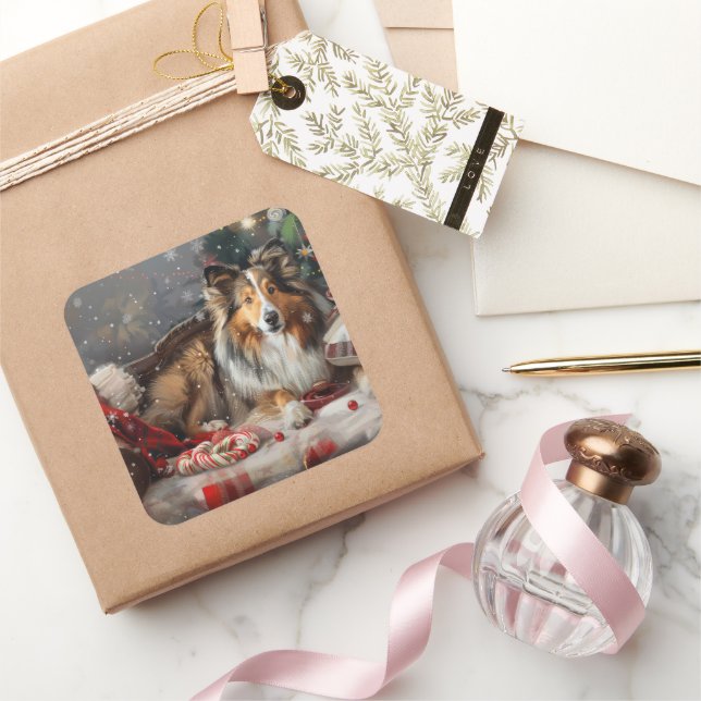 Shetland Sheepdog Christmas Festive Square Sticker (Gifting)
