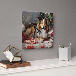 Shetland Sheepdog Christmas Festive Square Wall Clock