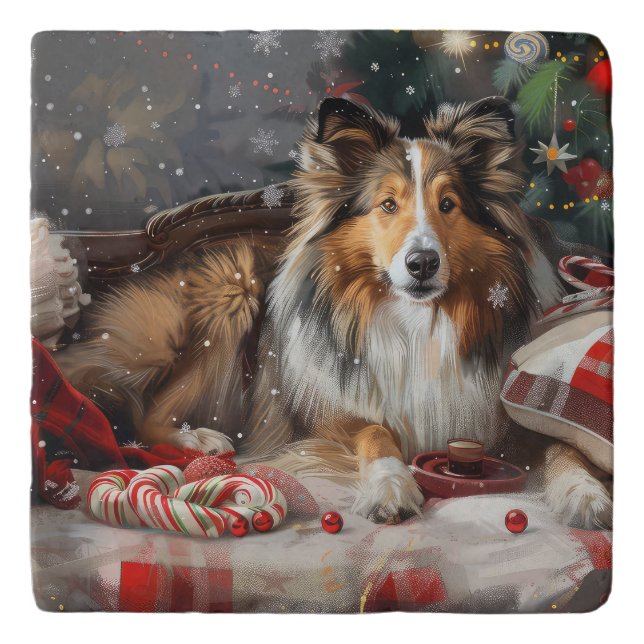 Shetland Sheepdog Christmas Festive Trivet (Front)