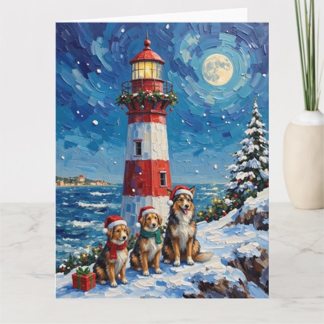 Shetland Sheepdog Christmas Lighthouse Holiday Card (Front)