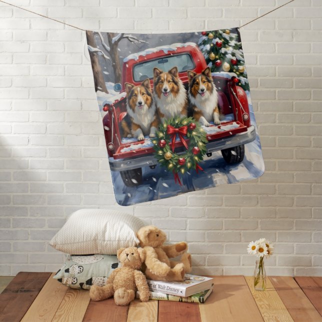 Shetland Sheepdog Christmas Red Truck Holiday Baby Blanket (In Situ)