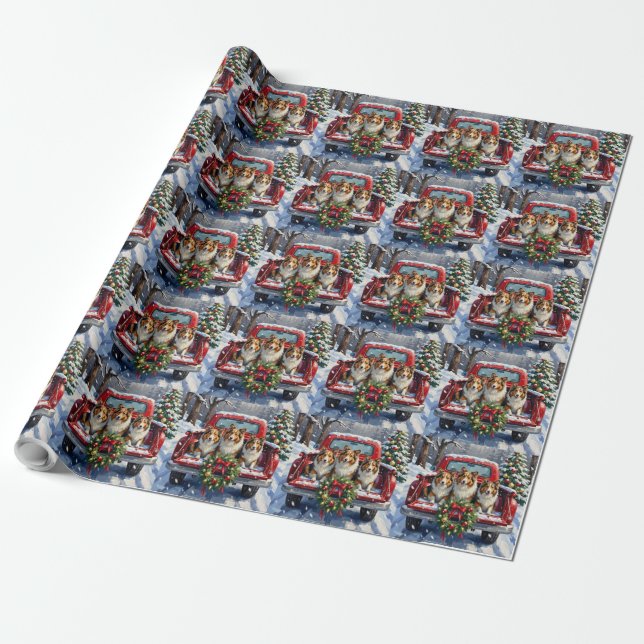Shetland Sheepdog Christmas Red Truck Holiday Wrapping Paper (Unrolled)