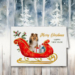 Shetland Sheepdog Christmas Sleigh Card<br><div class="desc">On this Holiday card, a beautiful Shetland Sheepdog sits in a pretty red and gold decorative sleigh. Beside the dog sits gift packages tied with colorful bows, and behind the sleigh is holly with red berries. The gold script text at the right says "MERRY CHRISTMAS" and your custom text is...</div>