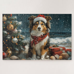 Shetland Sheepdog Christmas Vintage Beach Jigsaw Puzzle