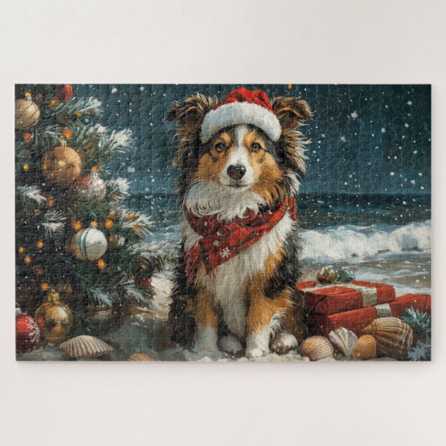 Shetland Sheepdog Christmas Vintage Beach  Jigsaw Puzzle (Horizontal)