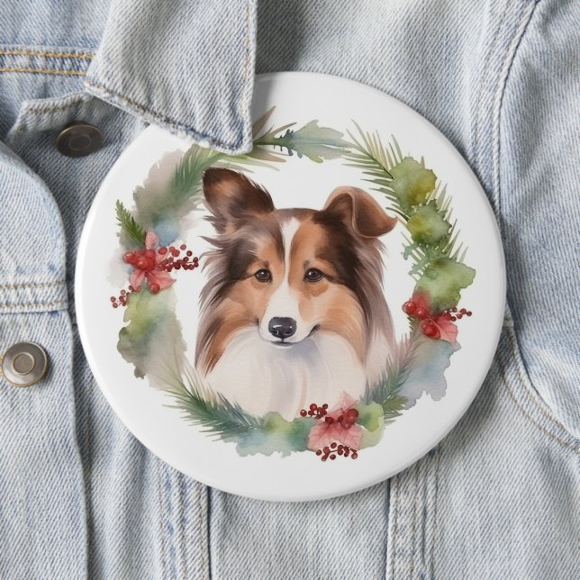Shetland Sheepdog Christmas Wreath Festive Pup Button (In Situ)